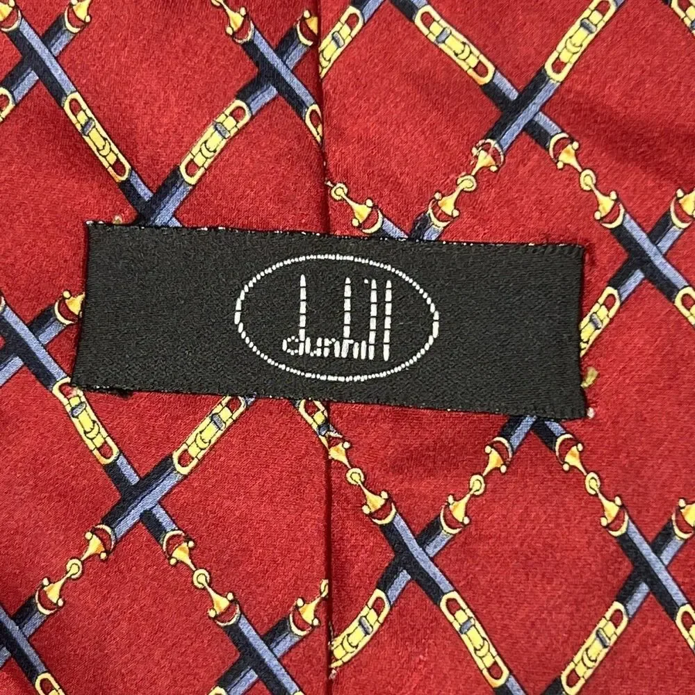 Dunhill Silk Necktie Red Equestrian Buckle Harness Horse Tack Tie 56”‎ X 4” VTG